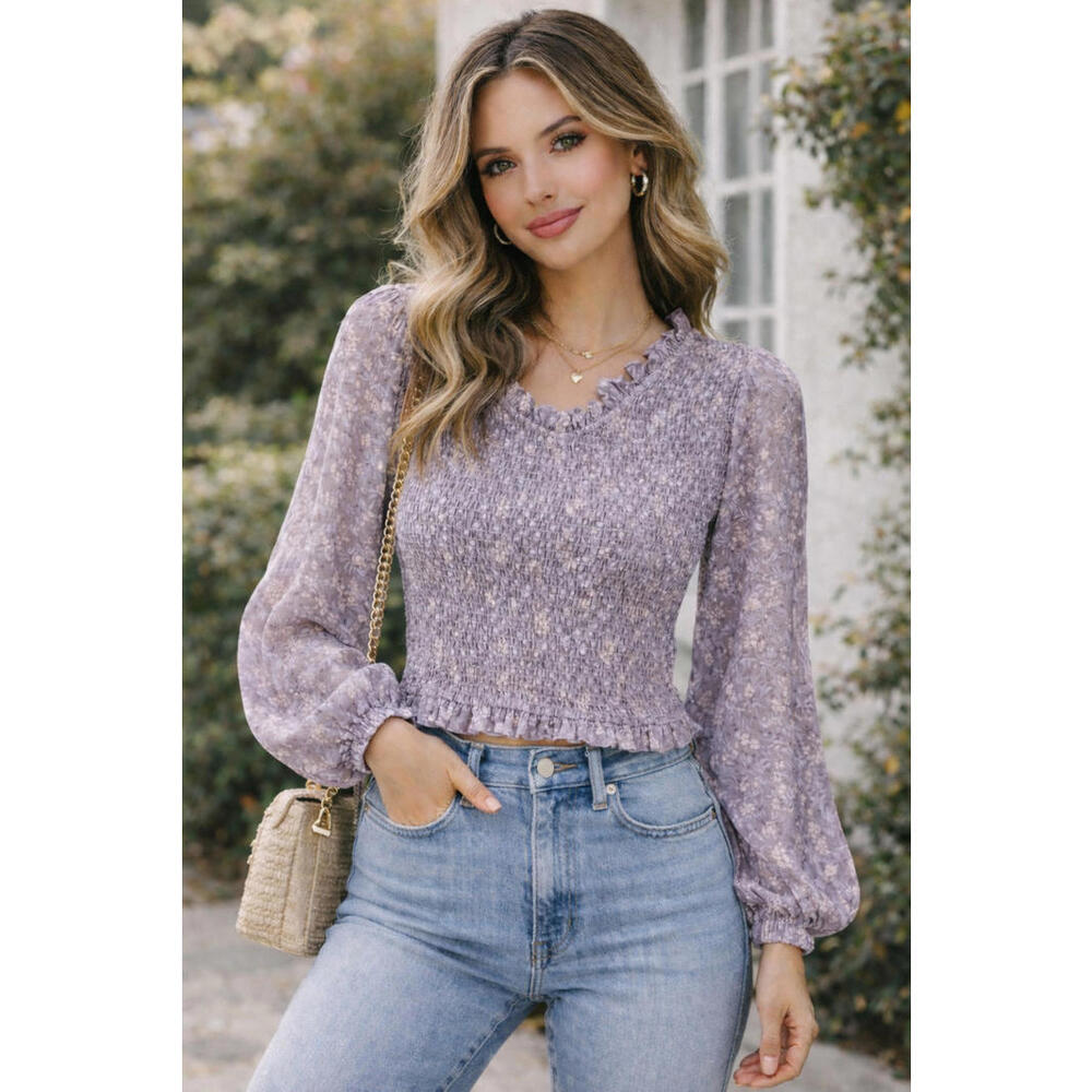 ILLA ILLA Women’s Smocked Floral Blouse M NWOT Dusty Lavender Ruffle Neck Blouse